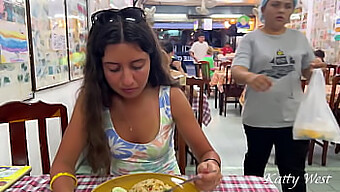 Teen Katty Shows Off Her Wet Pussy In Public While Eating At A Restaurant