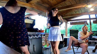 Sexy And Aroused Leon Lambert Women Have An Outdoor Bbq In Skimpy Dresses Without Underwear