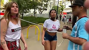 Soraya Castro And Friends On Leashes In Downtown Sao Paulo